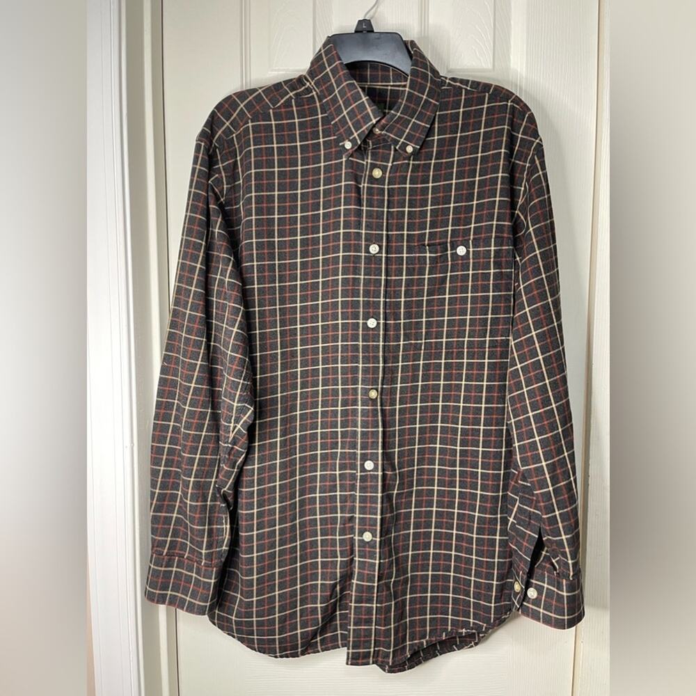 Orvis Brown Black Plaid Western Twill Mens Button Up Country Shirt Size Large